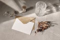 Autumn, fall stationery mockup scene. Blank greeting card, invitation, craft paper envelope, dry fern leaf and sparkling Royalty Free Stock Photo