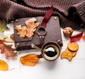 Autumn fall still life cup coffee top view Royalty Free Stock Photo