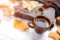 Autumn fall still life cup coffee top view Royalty Free Stock Photo