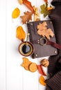 Autumn fall still life cup coffee top view Royalty Free Stock Photo