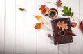 Autumn fall still life cup coffee top view Royalty Free Stock Photo