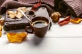 Autumn fall still life cup coffee top view Royalty Free Stock Photo