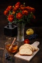 Autumn fall still life with honey in a glass bowl Royalty Free Stock Photo