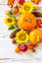 Autumn, fall, Thanksgiving concept. Pumpkins, sunflowers, apples and fallen leaves on rustic wooden table. Royalty Free Stock Photo