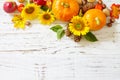 Autumn, fall, Thanksgiving concept. Pumpkins, sunflowers, apples and fallen leaves on rustic wooden table. Royalty Free Stock Photo