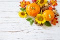 Autumn, fall, Thanksgiving concept. Pumpkins, sunflowers, apples and fallen leaves on rustic wooden table. Royalty Free Stock Photo