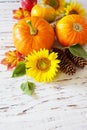 Autumn, fall, Thanksgiving concept. Pumpkins, sunflowers, apples and fallen leaves on rustic wooden table. Royalty Free Stock Photo