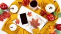 Autumn Fall Thanksgiving hygge flatlay with sweater, reading glasses and book.