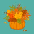 Autumn fall thanksgiving pumpkin decorated with leaves Royalty Free Stock Photo