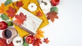 Autumn Fall Thanksgiving hygge flatlay with sweater, reading glasses and book.