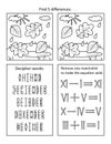 Autumn or fall themed puzzle page with 3 puzzles: find differences; decipher coded words; roman numerals. Black and white. Letter Royalty Free Stock Photo