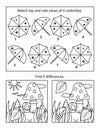 Autumn or fall themed puzzle page with 2 puzzles: find differences with toadstool; umbrella top and side views. Black and white. L