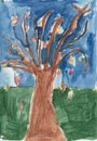 Autumn or Fall Tree Watercolor Children`s Artwork