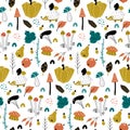 Autumn. Fall. Trendy hand drawn textures. Seamless pattern with mushrooms, floral elements. Royalty Free Stock Photo