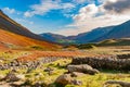 Autumn or Fall view along Mickleden towards Langdale with sheepfold and glacial moraines Royalty Free Stock Photo