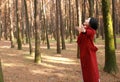 Autumn / fall beautiful woman happy in free freedom pose in autumn park Embrace nature Royalty Free Stock Photo