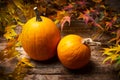 Autumn fallen leafs and small pumpkin