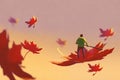 Autumn falling,small man rowing maple leaf floating in the sky Royalty Free Stock Photo