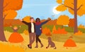 Autumn family fun walk, happy people and dog pet walking in city park or forest landscape