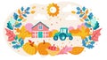 Autumn Farm Illustration with Pumpkin Harvest and Tractor Royalty Free Stock Photo