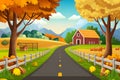 Autumn farm landscape with beautiful countryside road, realistic illustration Royalty Free Stock Photo