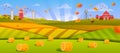 Autumn farm landscape with haystacks, green fields, hills, barn, mill, cows, sunrays, falling leaves.