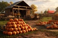 Autumn farm scene with pumpkins piled up in Royalty Free Stock Photo