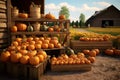 Autumn farm scene with pumpkins piled up in Royalty Free Stock Photo