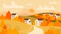 Autumn farm village landscape scene in yellow orange fall colors, rural road to houses Royalty Free Stock Photo