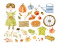 Autumn on the farm watercolor clipart, girl with a pie Royalty Free Stock Photo