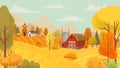 Autumn farming landscape. Country farm, yellow trees and farmhouse field cartoon vector background illustration Royalty Free Stock Photo