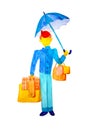 Autumn fashion sales and discounts. A man in a blue coat is standing on a white background isolated, holding the umbrella in his