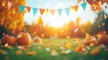 Autumn festival scene with pumpkins and colorful bunting in sunlit park