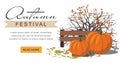 Autumn festival web banner. Pumpkins next to the berry Bush.