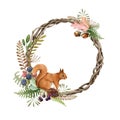 Autumn festive wreath with red squirrel. Watercolor illustration. Beautiful round season decorative frame with squirrel