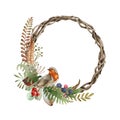 Autumn festive wreath with robin bird. Watercolor illustration. Beautiful round season decorative frame with robin bird Royalty Free Stock Photo