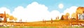 Autumn fields landscape with mountain,blue sky,cloud with copy space,Panorama Fall rural nature with range foliage, Cartoon vector