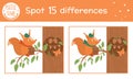 Autumn find differences game for children. Fall season educational activity with squirrel sitting near the tree hollow. Printable