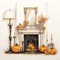 Autumn Fireplace With Pumpkins: Nostalgic Victorian-inspired Illustration Royalty Free Stock Photo