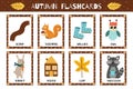 Autumn flashcards collection for kids. Flash cards set with cute characters