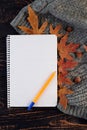 Autumn flat lay background with notebook, pen, and yellow fallen leaves. Creative workplace layout. Dark wood background Royalty Free Stock Photo