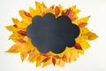 Autumn flat lay with cloud shape blackboard and leaves Royalty Free Stock Photo