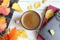 Autumn flat lay with coffee, books and leaves Royalty Free Stock Photo