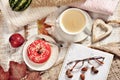 Autumn flat lay with coffee ,donut and planner