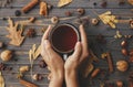 Autumn flat lay. Hands holding warm cup of tea on background of autumn leaves, berries, nuts, anise, acorns, pine cones on rustic Royalty Free Stock Photo