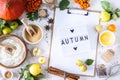 Autumn flat lay with lightbox. Food ingredients for making autumn pumpkin pie Royalty Free Stock Photo