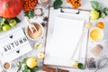 Autumn flat lay with lightbox with the phrase Autumn. Top view. Food ingredients for making autumn pumpkin pie on a Royalty Free Stock Photo