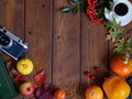 Autumn flat lay top view. Frame made of leaves, pumpkins, apples Royalty Free Stock Photo