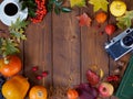 Autumn flat lay top view. Frame made of leaves, pumpkins, apples Royalty Free Stock Photo