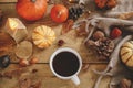 Autumn flat lay. Warm cup of tea, pumpkins, fall leaves, candle, cozy scarf on rustic wooden table. Hygge autumn banner. Happy Royalty Free Stock Photo